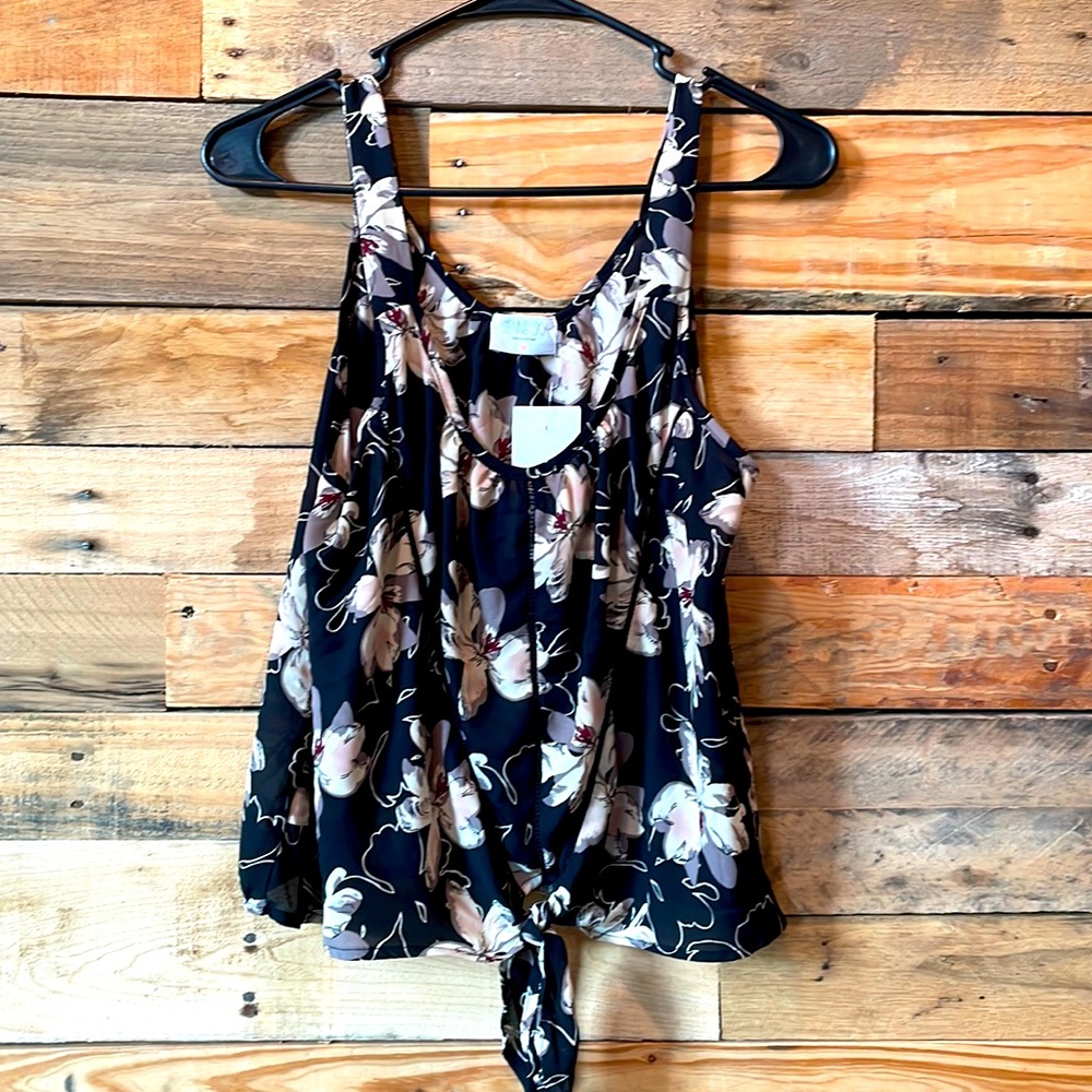 Black floral front-tie tank top